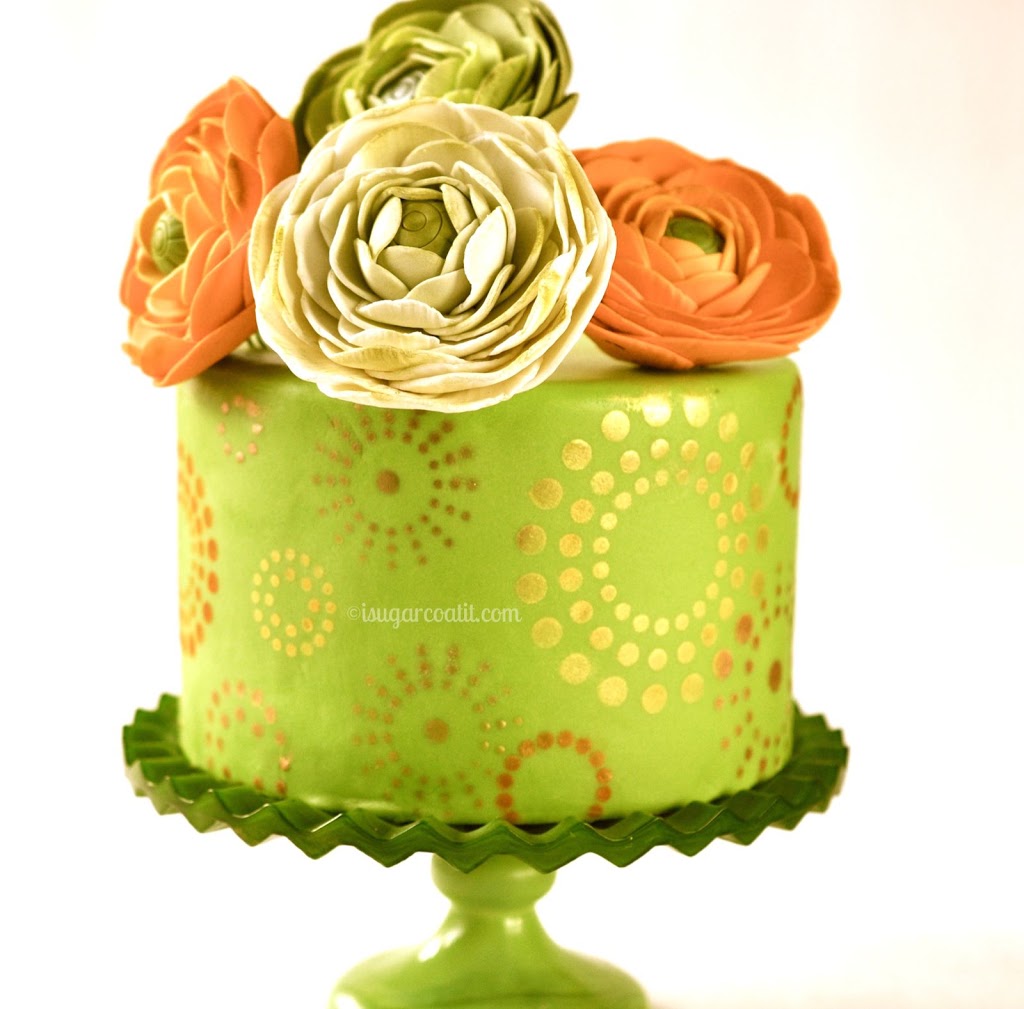 Gold Starbursts Stencil Cake and Sugar Ranunculus