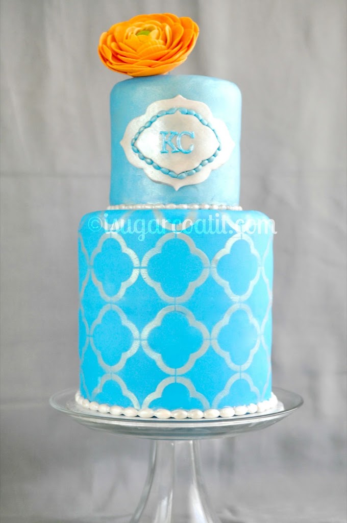 Blue and Silver Quatrefoil Birthday Cake