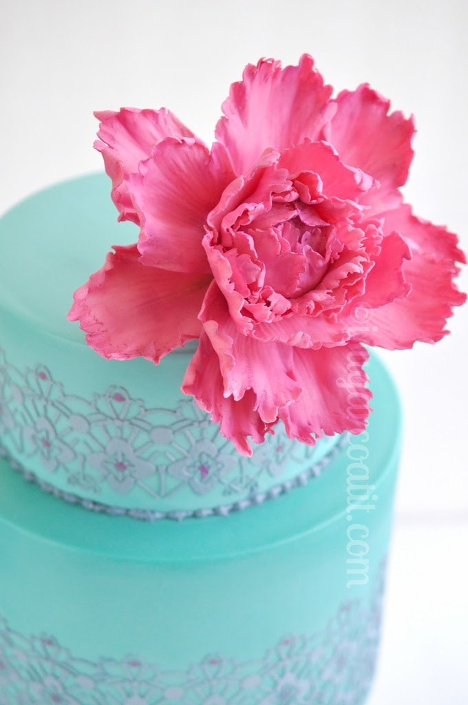 Stenciled Cake with Pink Sugar Peony