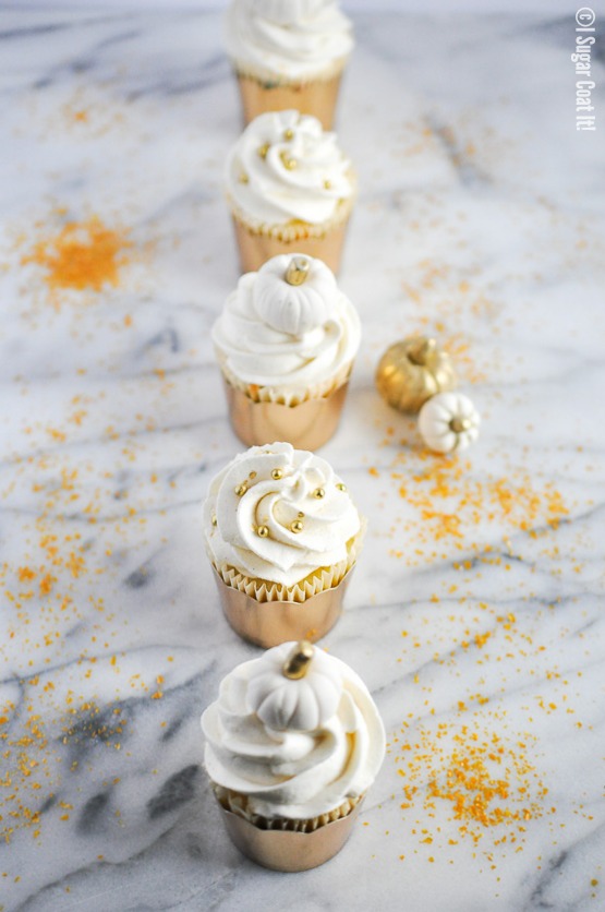 Funfetti Cupcakes with Champagne Whipped Cream and Mini Pumpkin Toppers