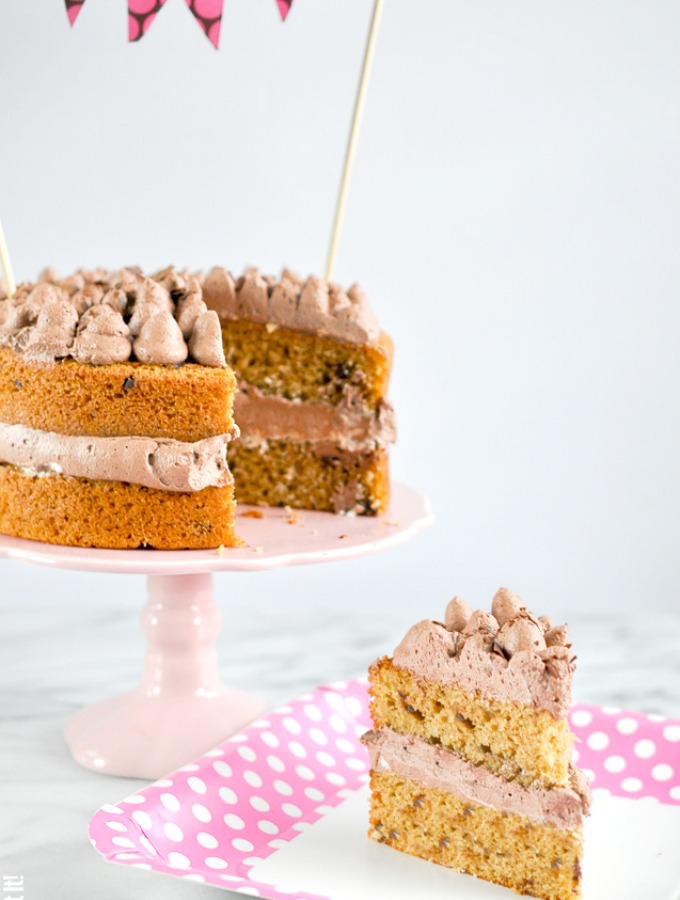 Mocha Latte Chip Cake with Chocolate Whipped Cream and DIY Topper