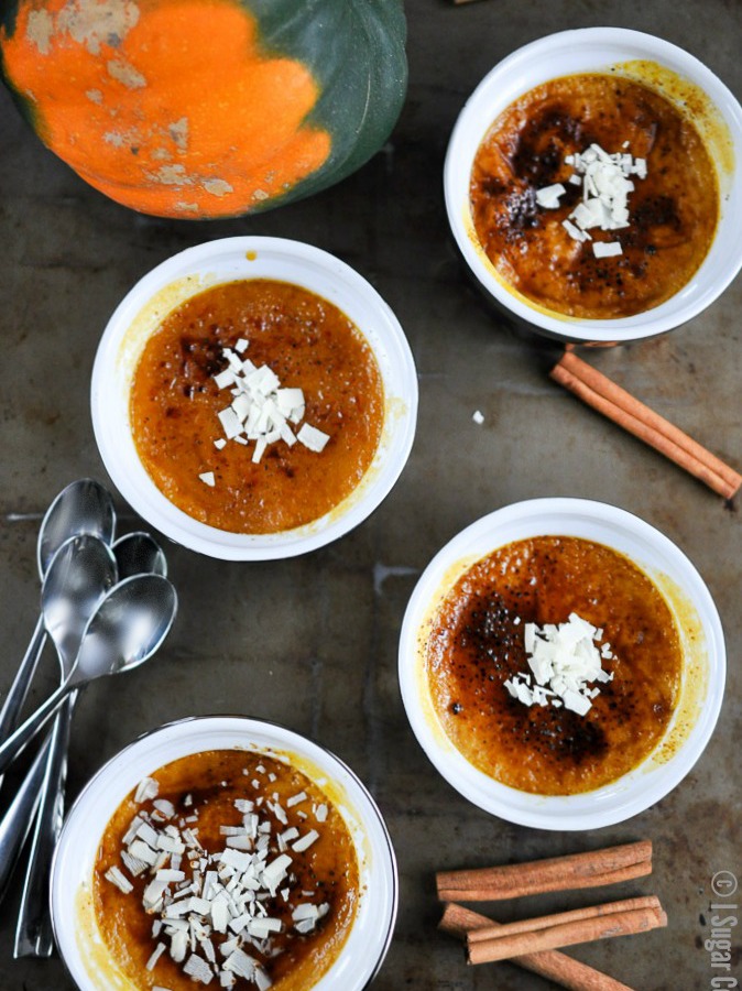 Maple Squash Creme Brulee with Coconut Blosson Sugar and White Chocolate Shavings