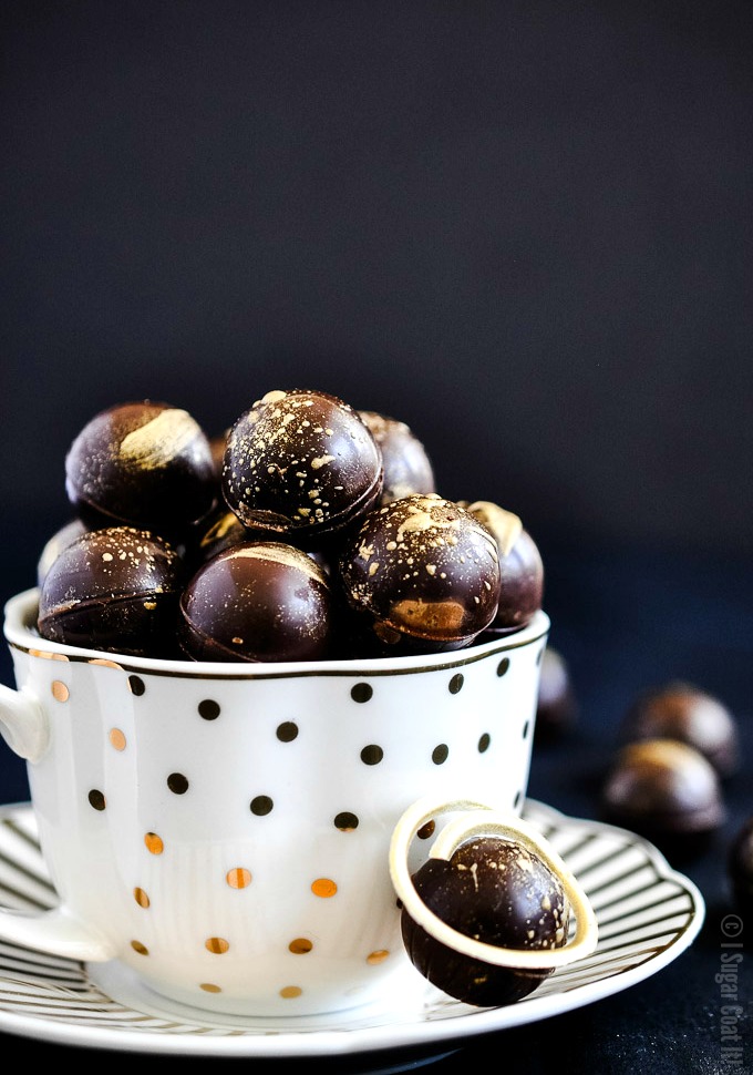 These Baileys Salted Caramel Dark Chocolate Truffles are melt-in-your-mouth magical with a thin dark chocolate shell filled with a creamy Baileys Salted Caramel Irish Cream ganache.