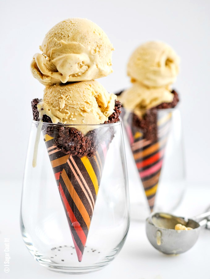 Rich, creamy, banana ice cream with roasted hazelnuts, stuffed in handmade chocolate cones make these Caramelized Banana Hazelnut Ice Cream Chocolate Cones a summer must!