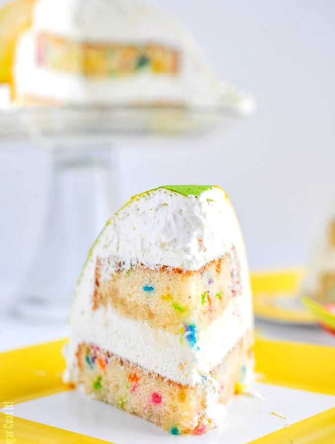 White Chocolate Coconut Mousse Funfetti Cake. Layers of funfetti cake and clouds of white chocolate mousse molded into a fun little cake to welcome spring!