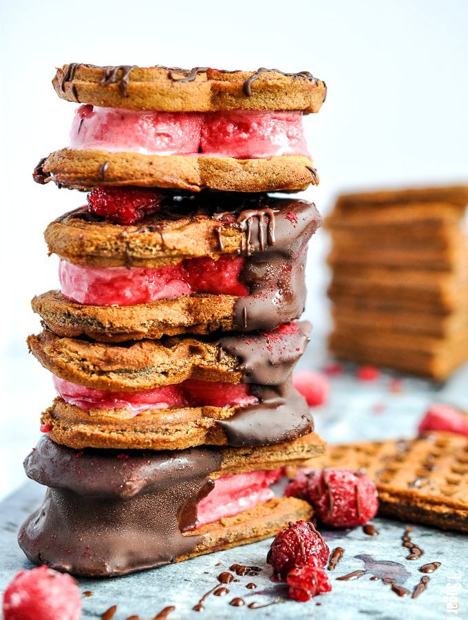 These Chocolate Raspberry Waffle Ice Cream Sandwiches deliver breakfast and dessert sandwiched between the sweetest of hearts!