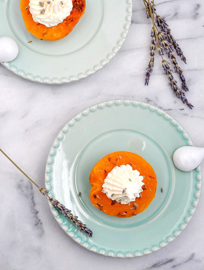 How to make Sous Vide Honey Lavender Poached Peaches, cooked to perfection and topped with clouds of honey whipped mascarpone.