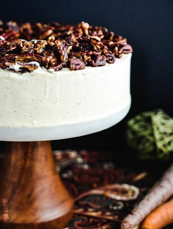 Whipped Mascarpone Browned Butter Carrot Cake with carrot caramel pecans makes a perfectly decadent centrepiece for your Thanksgiving celebration!