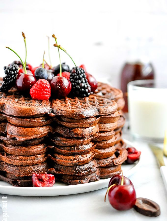 Decadent Dark Chocolate Cherry Buckwheat Waffles packed with cocoa, bittersweet chocolate, fresh cherries and homemade buckwheat flour.