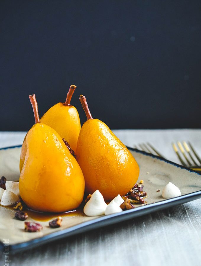 Cooked to perfection, these Sous Vide Marsala Poached Pears make a delightful treat, paired with spiced pecans and mascarpone cream.