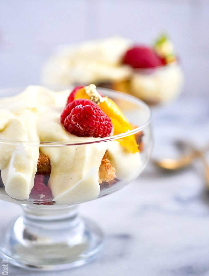 Sous Vide Zabaglione Lemon Cream Cake Trifle with delicate layers of champagne-spiked Italian cream, cake and fresh berries.