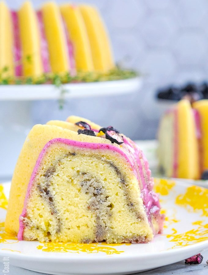 Pomelo Blueberry Thyme Bundt Cake with a refreshing citrus freeze-dried blueberry glaze and swirl, is the perfect dessert to welcome spring!