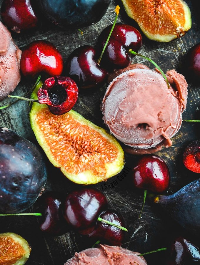 Add a mouth-watering scoop of luscious dairy-free, egg-free, jewel-tone, fresh Fig Cherry Goat Cheese Ice Cream to your summer!