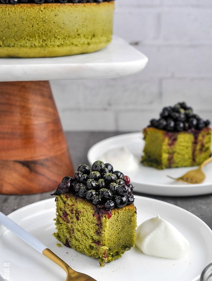 Matcha Sponge Cake with Maple Poached Blueberries is a light and airy green tea sponge cake, topped with sous vide maple poached blueberries.