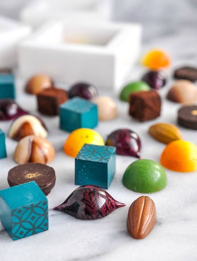 An assortment of Homemade Holiday Chocolate Bonbons, the perfect edible gifts for the chocolate lover on your list.