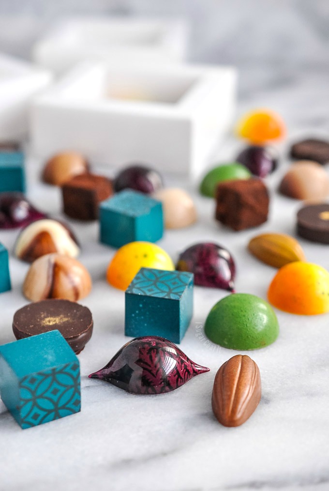 An assortment of Homemade Holiday Chocolate Bonbons, the perfect edible gifts for the chocolate lover on your list.