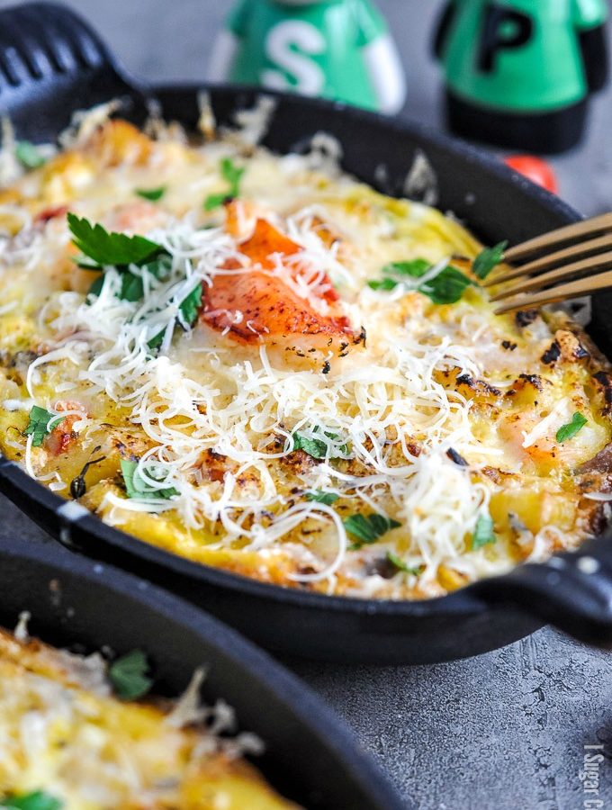 Sous Vide Lobster Frittata with eggs, leeks, potatoes and cheese is the perfect holiday brunch for two, or a small crowd.