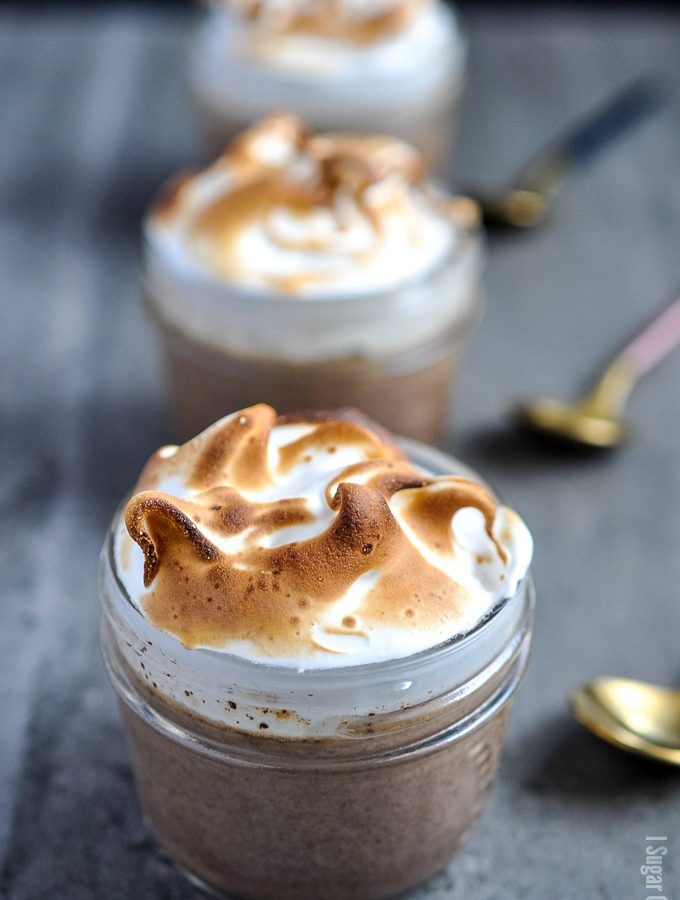 Decadently rich Sous Vide Chocolate Pots de Creme with a subtle hit of caffeine and vanilla, topped with perfectly toasted meringue.