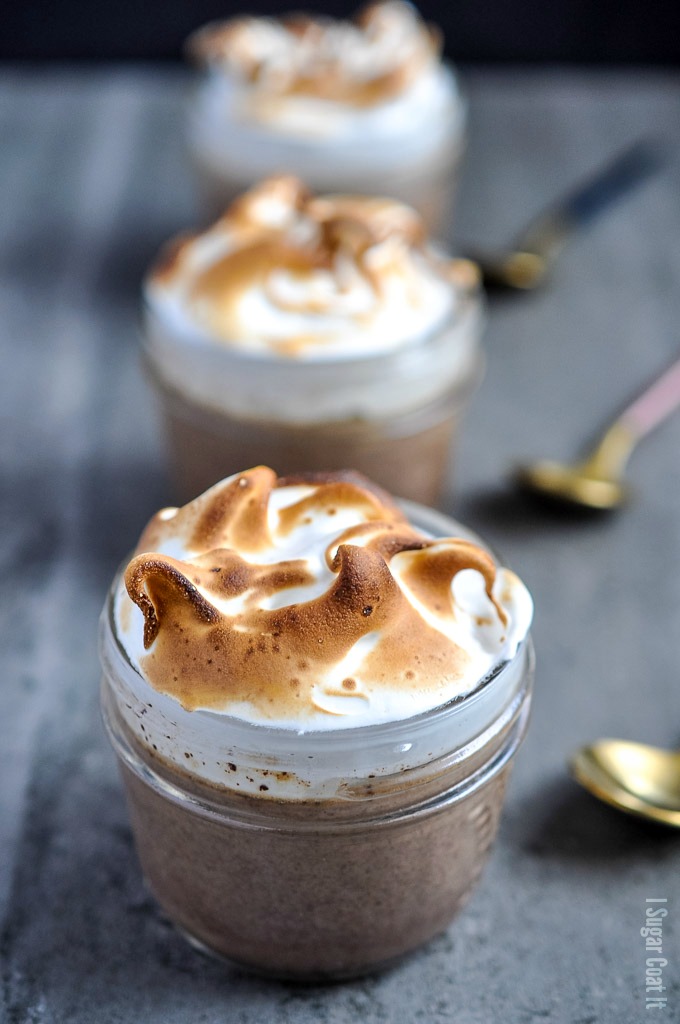 Decadently rich Sous Vide Chocolate Pots de Creme with a subtle hit of caffeine and vanilla, topped with perfectly toasted meringue.