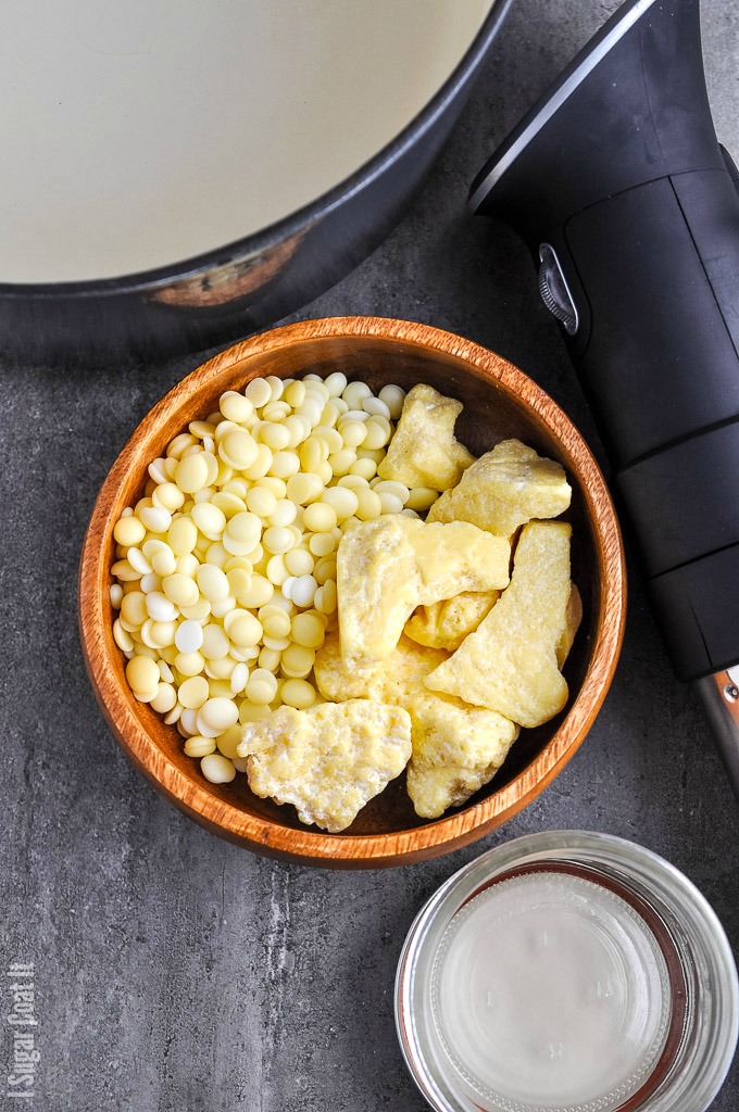 A bowl of raw and deodorized cocoa butter before packaged for sous vide bath. | I Sugar Coat Itfor